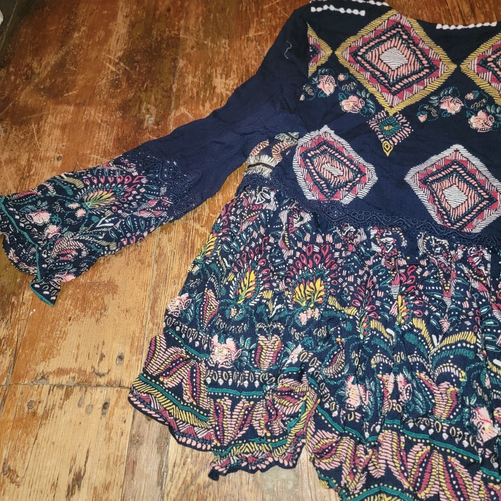 Aqua Embroidered Printed Top jacket Shacket Boho chic Hippie Tassel - Picture 9 of 15